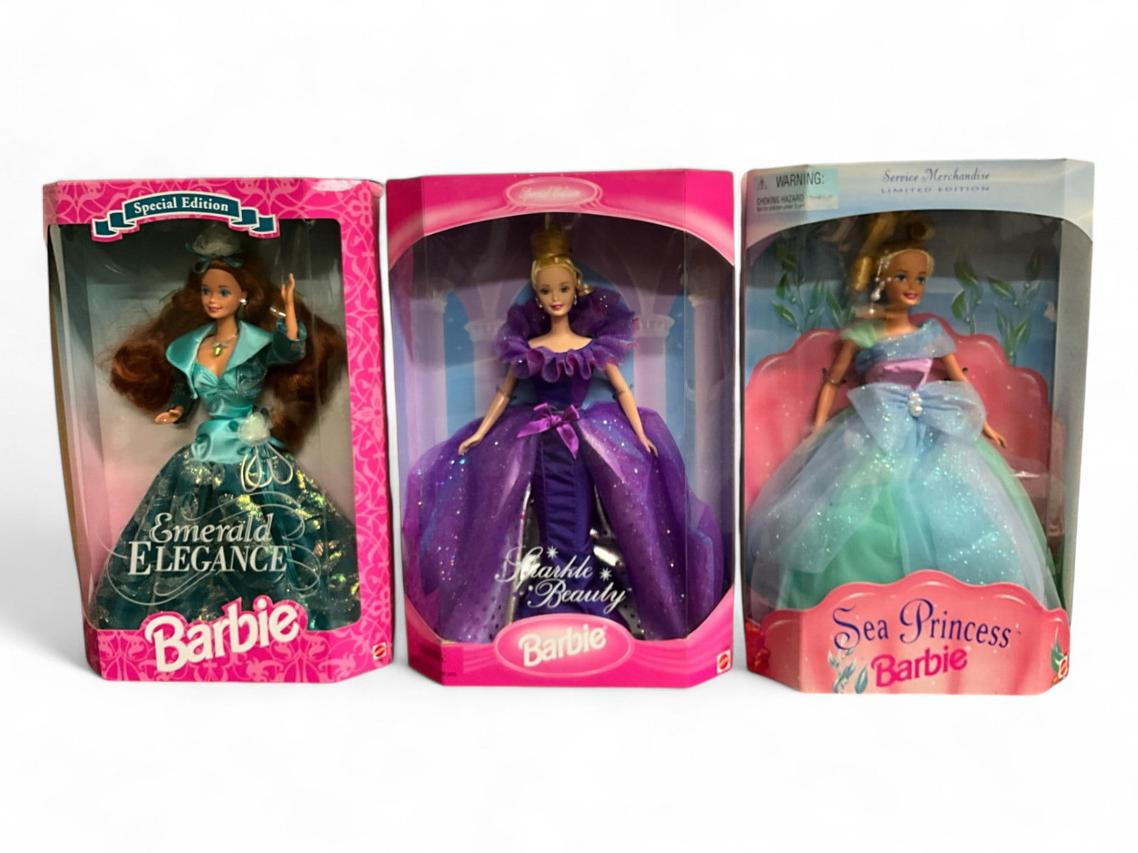 (3) Barbies: (3) Barbies Sea Princess 15531 Emerald Elegance 12322 Sparkle Beauty 17251