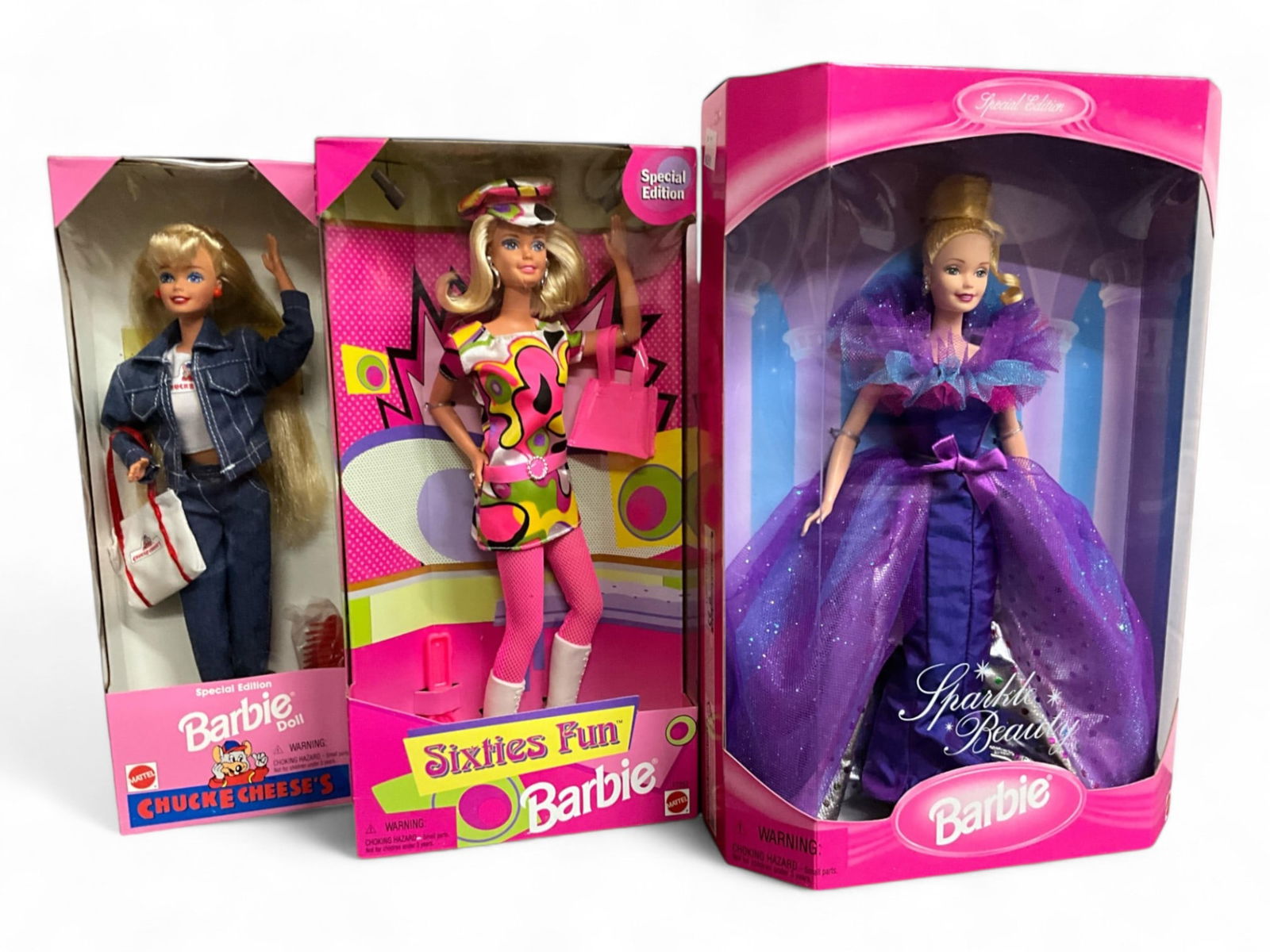 (3) Barbies: (3) BarbiesChuck E Cheeses' 14615,Sixties Fun 17252,Sparkle Beauty 17251.