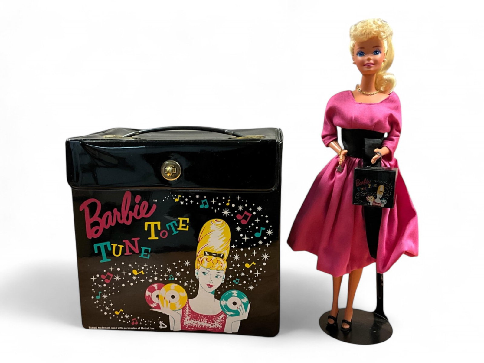 1996 Convention Barbie: 1996 Convention Barbie 1996 Barbie Convention "Dancin' Party" Barbie with Stand, Base, Records, and Two-Sided Vinyl Tote - Philadelphia PA Friday Night Banquet Centerpiece