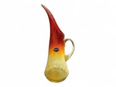 Kanawha Amberina Pitcher, Crackle Glass Ewer 13.5"H x 4.5"W