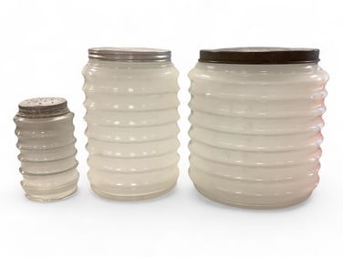 Antique Sellers Hoosier Cabinet Ribbed Glass Canisters
