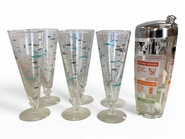 MCM Libbey Mediterranean Pattern Set of 6 Pilsner Glasses and Drink Shaker Height ranges approx 8"