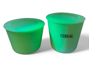 Vintage McKee Uranium Jadeite Lidded Containers Small 4 1/2 in. (11.4 cm.), Large 5 1/2 in. (14 cm.)