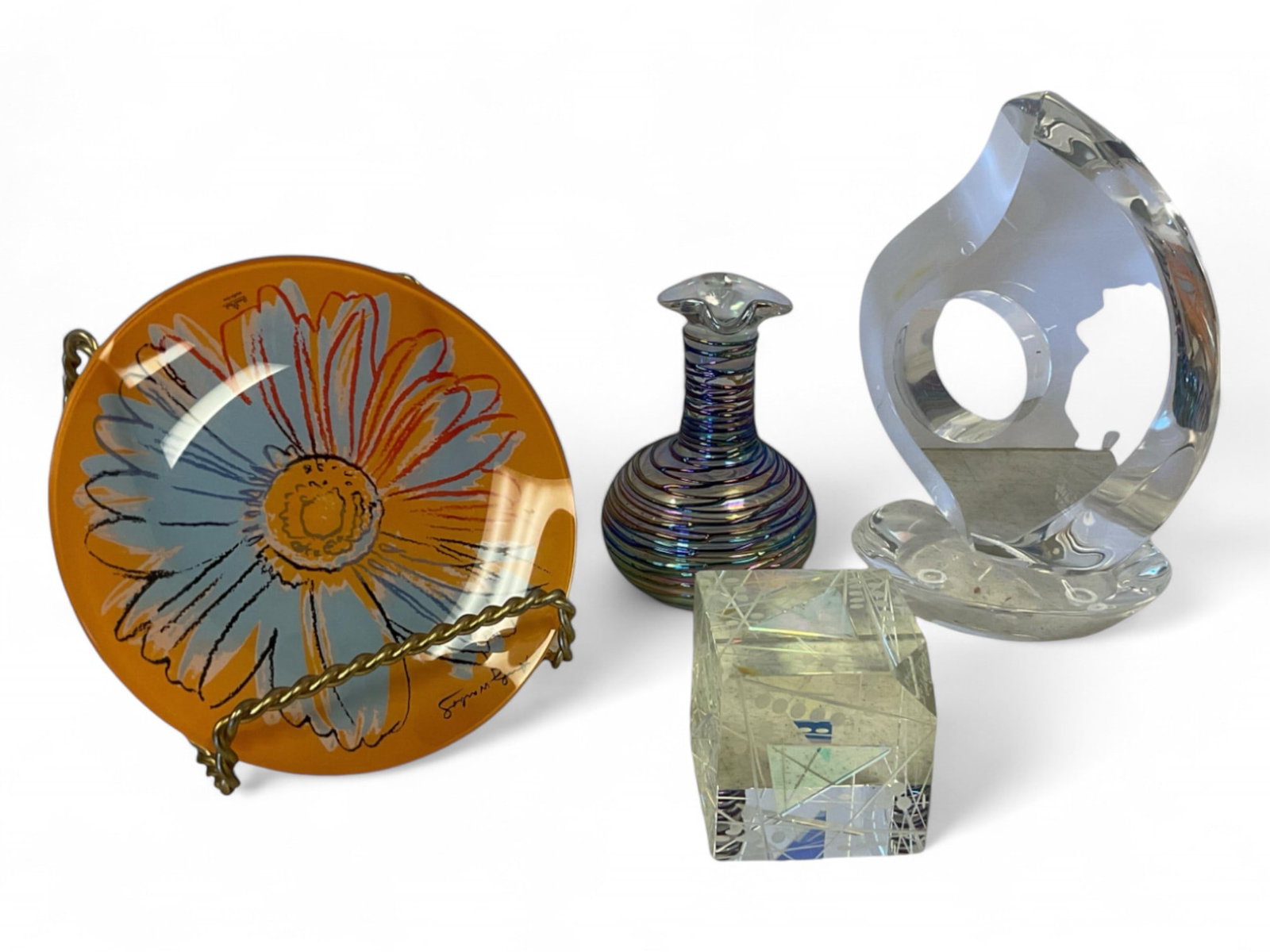 Mid Century Items: Mid Century ItemsResin Sculpture, looks like Van Teal un signed. Square cube signed.(see photo) American Art Glass threaded Iridescent cruet oil decanter no stopper. Rosenthal Orange and blue plate 7.