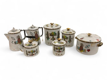 Enamel Georges Briard Canisters, Tea Kettle, Coffee Pots and Cooking Pot, All With Lids