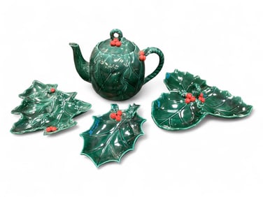 Lefton Holly Teapot, and 3 Tidbit Trays Teapot 7" H