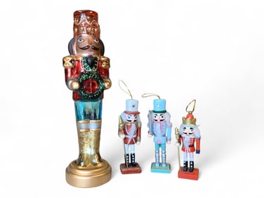 Glass Nut Cracker with Wreath and (3) Wooden Ornaments Glass figurine 10.75" tall