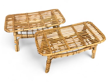 (2) MCM Rattan/Wicker Side Tables Attributed to Tito Agnoli 17 x 32 x 15 in. (43.2 x 81.3 x 38.1 cm.