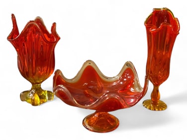 (3) Art Glass Pieces - Viking Four Square Footed Swung Vase, Viking Petal Bowl & Swung Vase