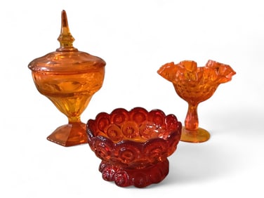 (3) Art Glass Tangerine & Red Pieces - Covered Candy, Fenton 6" Ruffled Compote & Moon & Stars 6"