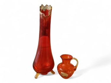 Small Crackle Glass Pitcher and 11" Swung Vase