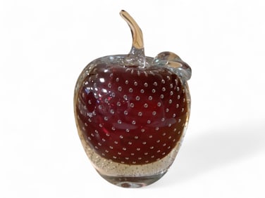 Large Controlled Bubble, Cased Glass Apple - Clear Stem & Leaf 7" tall