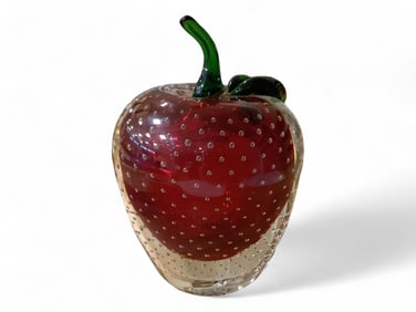 Large Controlled Bubble, Cased Glass Apple - Green Stem & Leaf 7" tall