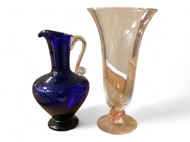 Art Glass Cobalt Pitcher and Clear Vase Vase stands 14" tall