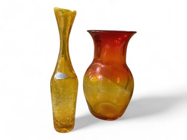 Blenko Art Glass Crackle Vase & Red to Amber Vase, Maker Unknown Blenko vase is 11" tall