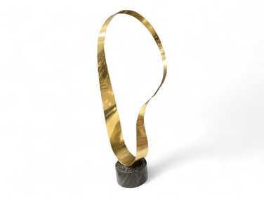 Modernist Free Form Brass Sculpture on Black Stone Base 30.5" tall. 14" wide
