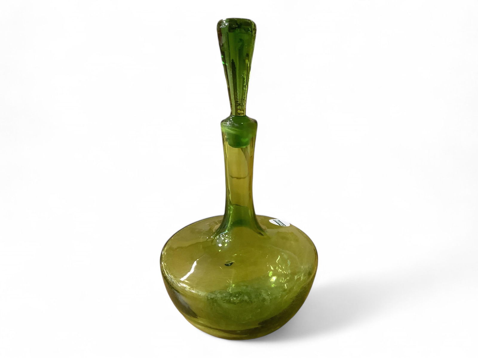 MCM Blenko Green Glass Decanter 12" tall, including stopper (1 of 2)