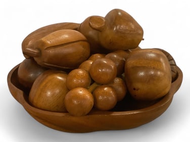 Carved Wooden Fruit and Bowl