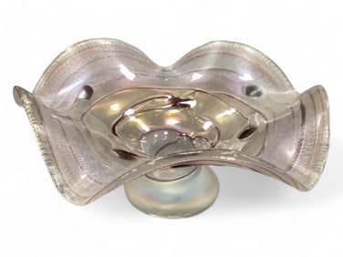 Vintage Poschinger Iridescent Bleeding Heart Art Nouveau Ruffled Pedestal Bowl 12" diameter, 5.75"