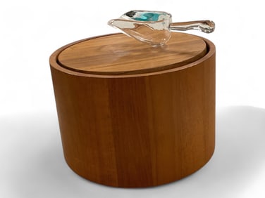 Mid Century Dansk Staved Teak Wooden Round Ice Bucket with Scoop