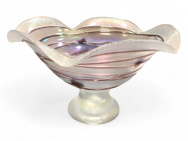 Vintage Poschinger Iridescent Bleeding Heat Art Nouveau Ruffled Pedestal Bowl 11.5" diameter, 7.25"