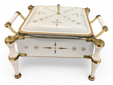 MCM Enameled Metal Footed Chafing Dish w/ Fireking 9 x 9 Insert 9" tall x 13" wide