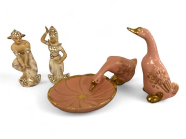 (2) Le Pere Pink Geese and Pair of Lefton Dancers