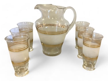Vintage Midcentury Modern Clear and Frosted Gold Rimmed Pitcher and Glasses