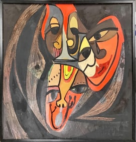 Original Modernist Painting of Three Faces Measures 24.75" x 24.75".
