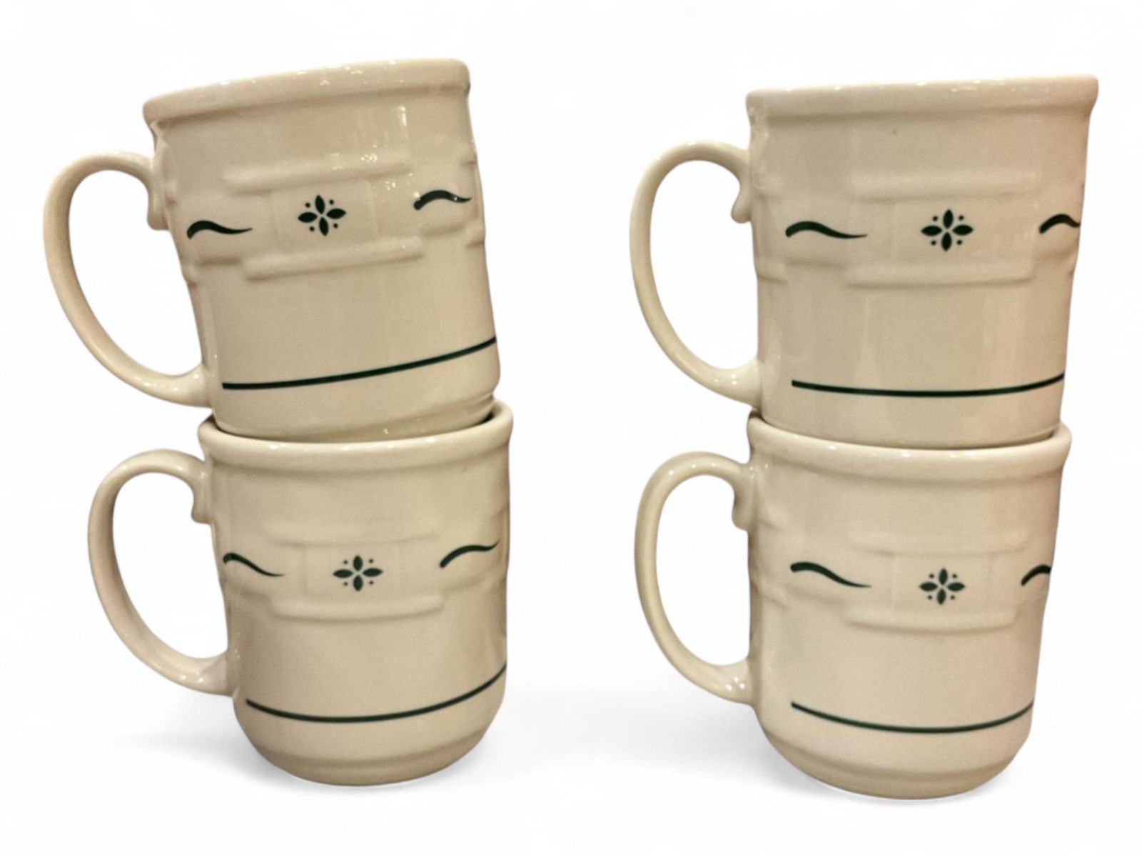 (4) Longaberger Pottery Woven Traditions Heritage Green Mugs, 30546: (4) Longaberger Pottery Woven Traditions Heritage Green Mugs, 30546(2) come in original boxes.