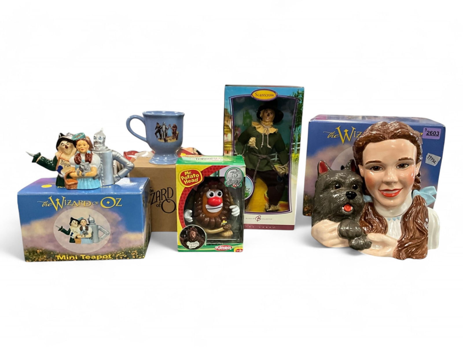 Wizard of Oz Memorabilia/Giftware, in Original Boxes: Wizard of Oz Memorabilia/Giftware, in Original Boxes75th Anniversary Mr. Potato Head, Cowardly LionCollectible Pedestal MugPink Label Barbie Collector ScarecrowMini TeapotCookie Jar