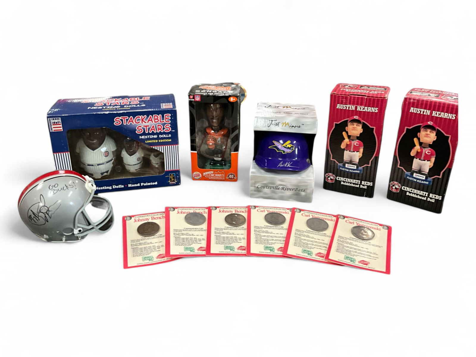 Sports Memorabilia, including Signed OSU Mini Helmet Coin Bank & Cooperstown Collection: Sports Memorabilia, including Signed OSU Mini Helmet Coin Bank & Cooperstown Collection Commemorative Coins(1) OSU Signed Mini Helmet Coin Bank(1) Stackable Stars Cubs Nesting Dolls(2) Cincinnati Reds