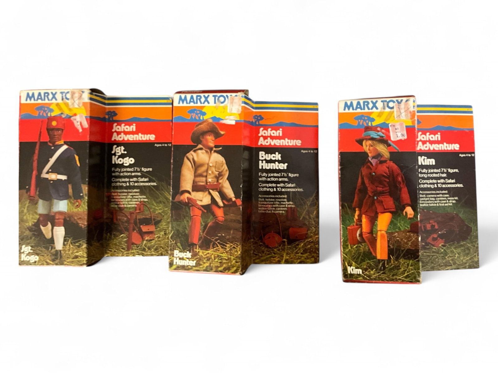 (3) 1975 Safari Adventure Action Figures by Marx Toys: (3) 1975 Safari Adventure Action Figures by Marx Toys Sgt. Kongo, Buck Hunter, & Kim.