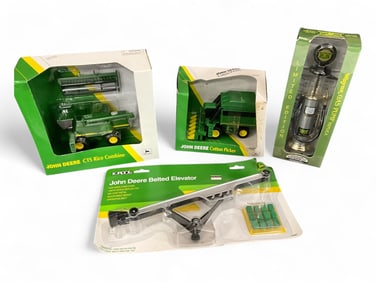 (4) John Deere Die-Cast by Replicas by ERTL, 1/64 Scale, including Rice Combine and Cotton Picker