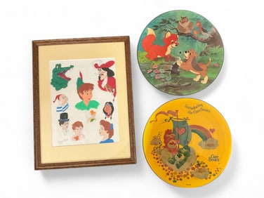 (3) Walt Disney & Care Bears LP Picture Discs & Signed Sandy Frank Matted/Framed Disney Cartooning