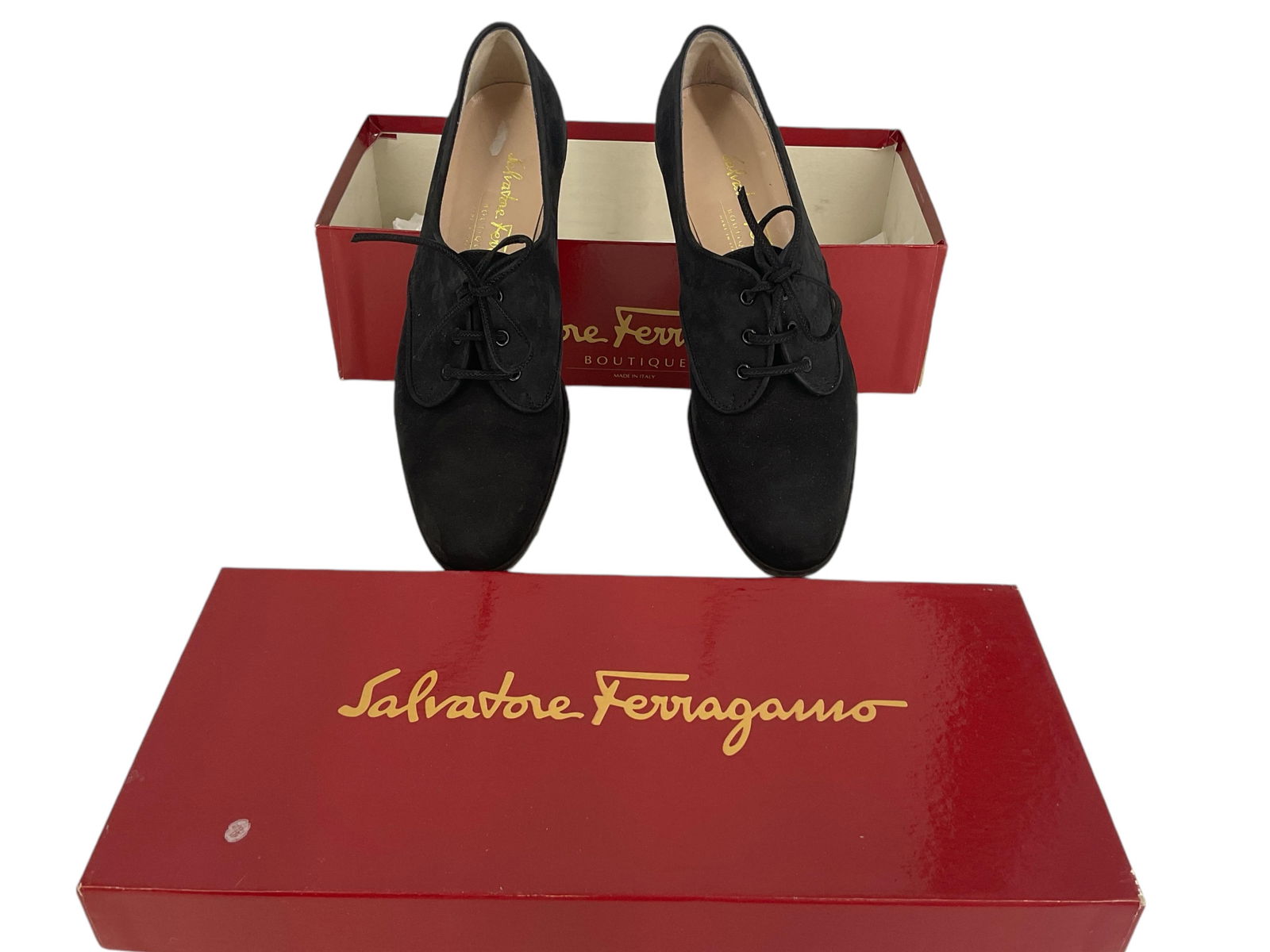 Vintage Salvatore Ferragamo Shoes: Vintage Salvatore Ferragamo ShoesLike new condition, size (7 AA) in box, black suede shoes, front tie closure.