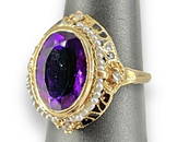 Gorgeous Vintage Amethyst Ring with Tiny Diamonds, Seed Pearls and Enamel in Yellow Gold
