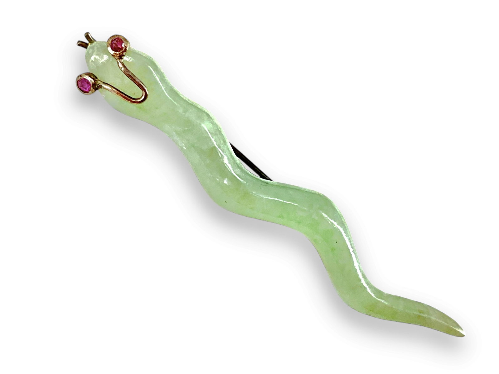 Neat Vintage Snake Pin in Silver and Jade w/Tiny Ruby Eyes: Neat Vintage Snake Pin in Silver and Jade w/Tiny Ruby Eyes Well-executed vintage snake pin appears hand-crafted, is approx 2 3/4" long and has two, 1.3mm, ruby eyes which are bezel-set in tested silve
