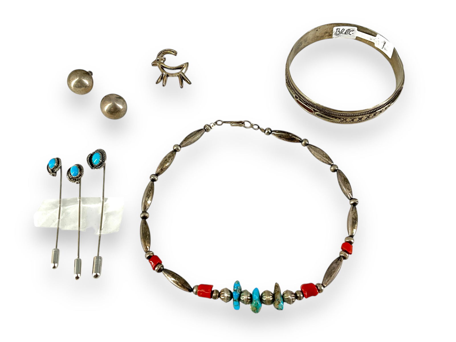 Silver Earrings, Brooch and Necklace, Silver-Tone Stickpins and Bracelet (1 of 8)