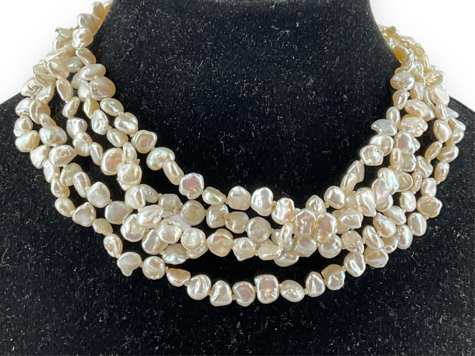 Beautiful Vintage Five-Strand Vintage Pearl Choker w/Diamonds: Beautiful Vintage Five-Strand Vintage Pearl Choker w/Diamonds Vintage choker features five strands of iridescent white freshwater pearls with great luster, strand is approx 13" long and boasts a 1" ta