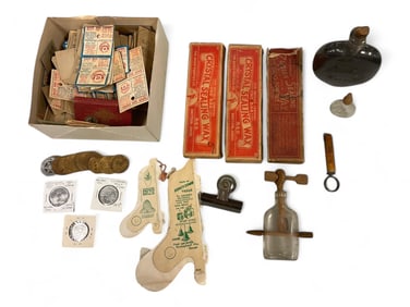 Misc vintage Mallo tickets, sealing wax, Ashbrook bottle, Ohio sesquicentennial coins Height ranges