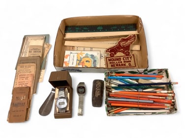 Misc Items including pencils, watches, pamphlets, rulers