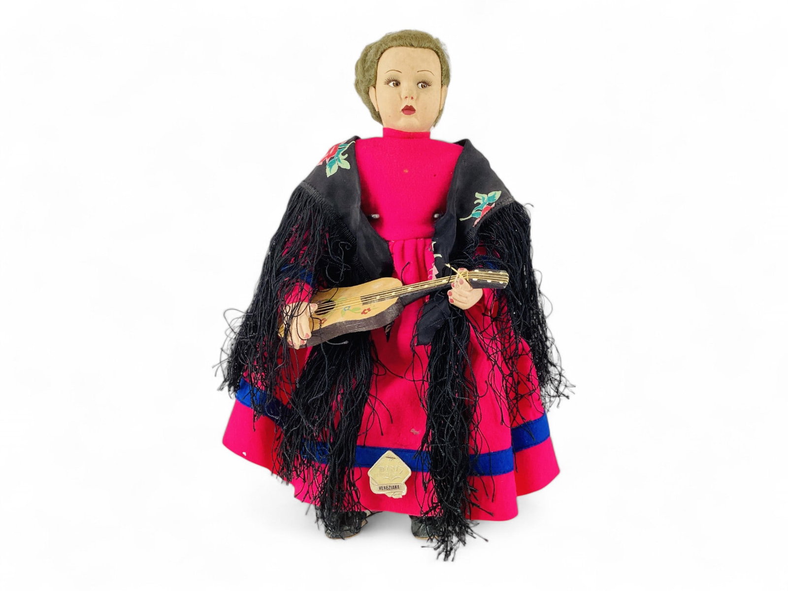 14" Magi's Roma Doll from Italy: 14" Magi's Roma Doll from Italy Formed & hand painted face, colors still vibrant. Felt applied ears, cloth body with jointed arms & legs, painted nails, net material under clothes & felt dress (some m