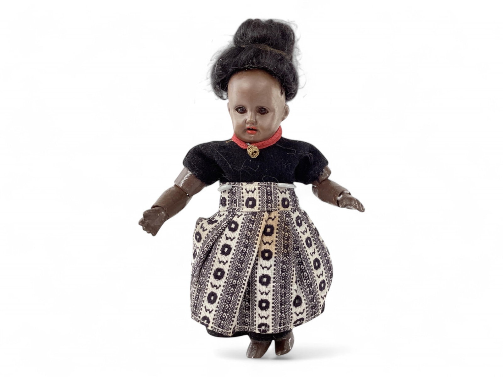 German Black Bisque Socket Head Girl: German Black Bisque Socket Head Girl Marked as shown, 6 1/2" doll with mohair wig, stationary glass eyes, open mouth with teeth, painted composition body jointed at the shoulders, hips, wrists, h