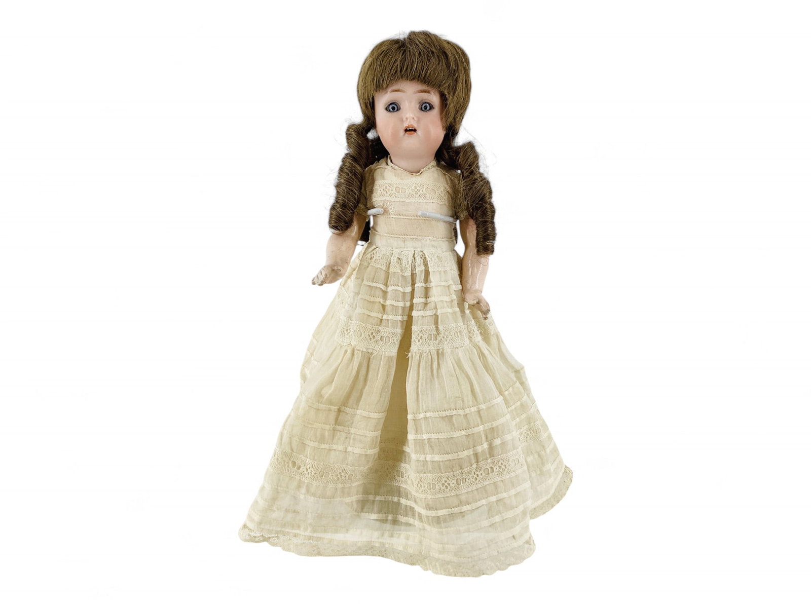 11" Halbig/ K & R Bisque Socket Head Child: 11" Halbig/ K & R Bisque Socket Head Child Fixed eyes, open mouth with teeth. Bisque has no damage when examined, some glue residue around rim. String jointed arms, legs & head, knees fixed. Upper arm