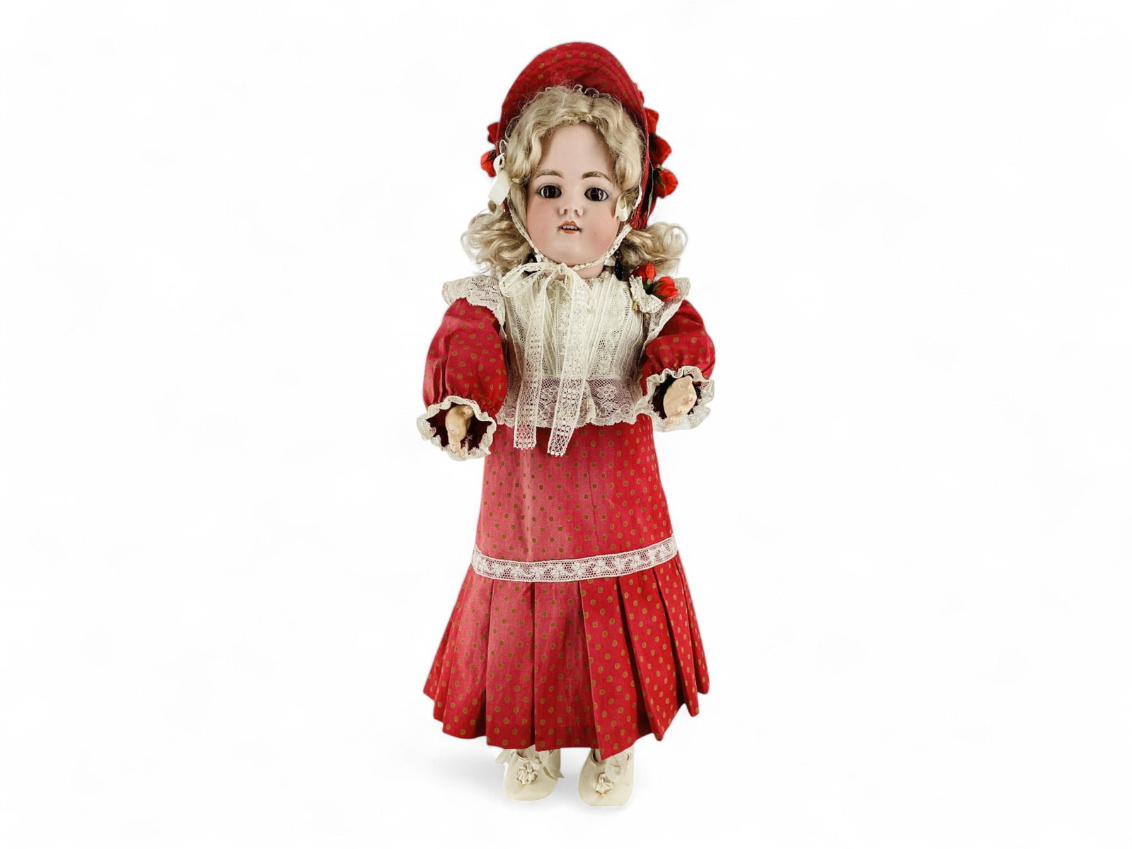 Simon & Halbig Heinrich Handwerck bisque socket head girl.: Simon & Halbig Heinrich Handwerck bisque socket head girl. 21 1/2" doll with original mohair wig, glass sleep eyes, pierced ears, open mouth with teeth, jointed composition body, redressed. Bisqu
