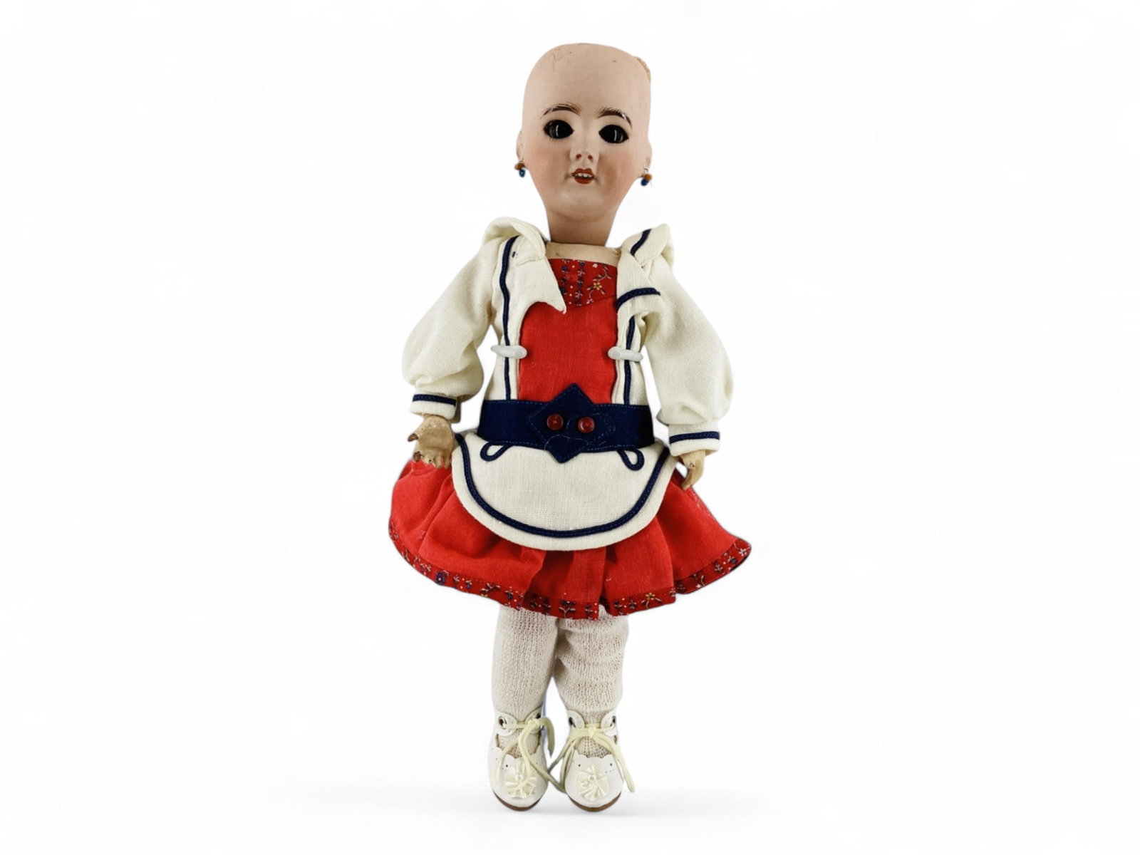 S.F.B.J. 301 Bisque Socket Head Girl: S.F.B.J. 301 Bisque Socket Head Girl 12 1/2" doll with glass sleep eyes with eyelashes, pierced ears, open mouth with teeth, jointed composition body, no wig. Several areas of flaking to the comp