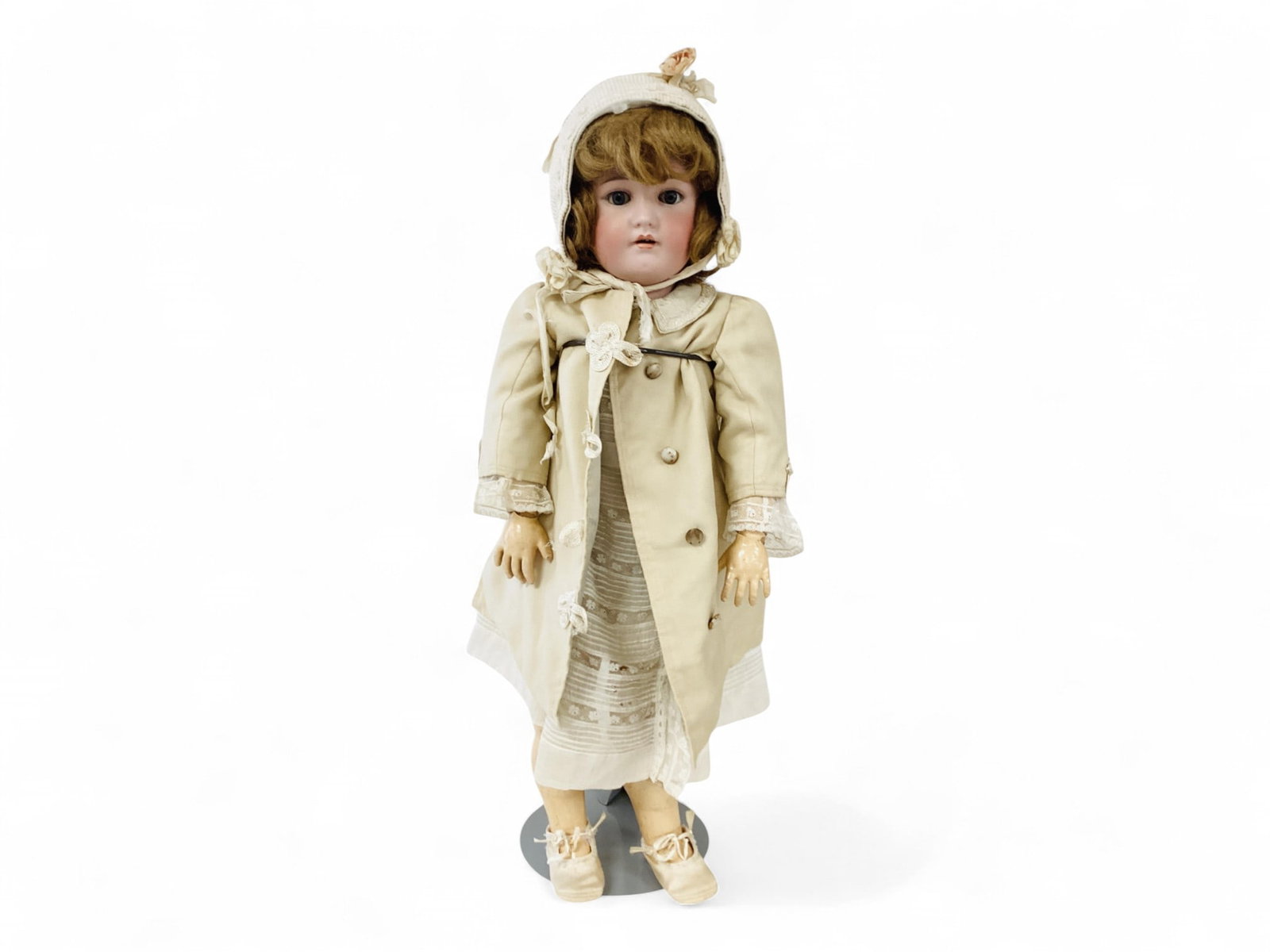 Heinrich Handwerck Simon & Halbig Bisque Socket Head Girl: Heinrich Handwerck Simon & Halbig Bisque Socket Head Girl 29" doll with human hair wig, glass sleep eyes, pierced ears, open mouth with teeth, on jointed composition body, dressed in antique clot