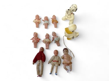 Lot of 3 Dollhouse Dolls, 6 Celluloid & 2 Vintage Toys