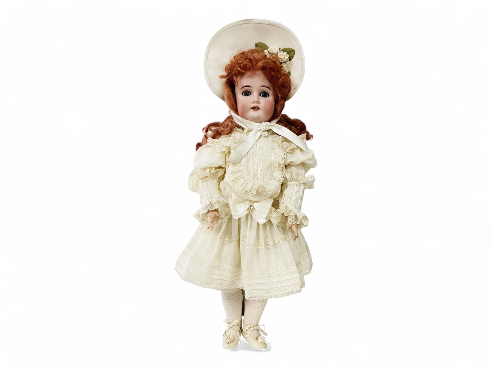 CM Bergmann (BBI) bisque socket head girl.: CM Bergmann (BBI) bisque socket head girl. 23" doll with wool wig, glass sleep eyes with fur eyelashes, open mouth with teeth, jointed composition body. Considerable glue residue from wig.